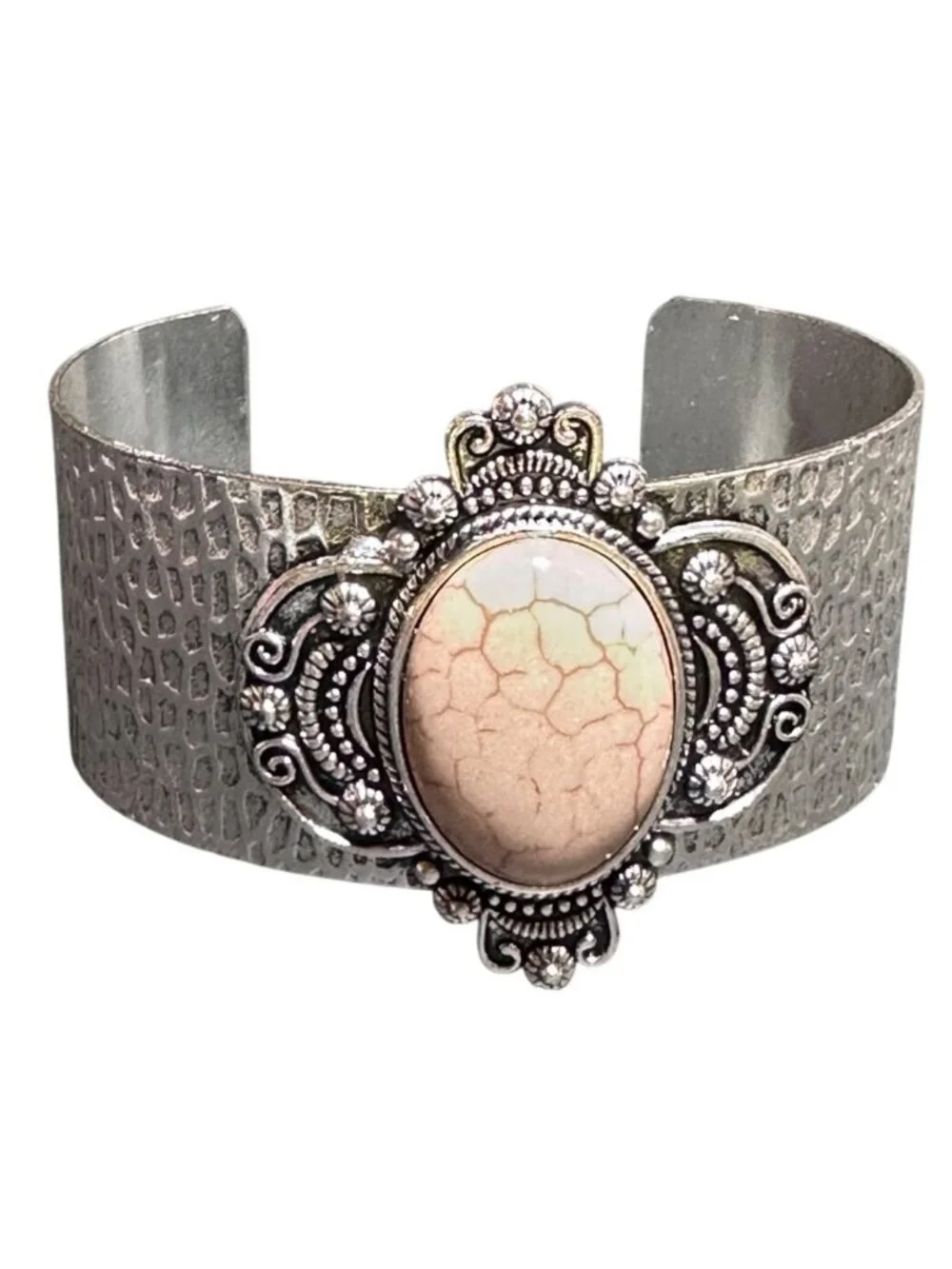 Ornate Cuff Bracelet Silver Tone Cream Stone Center Womens Costume Jewelry NWOT